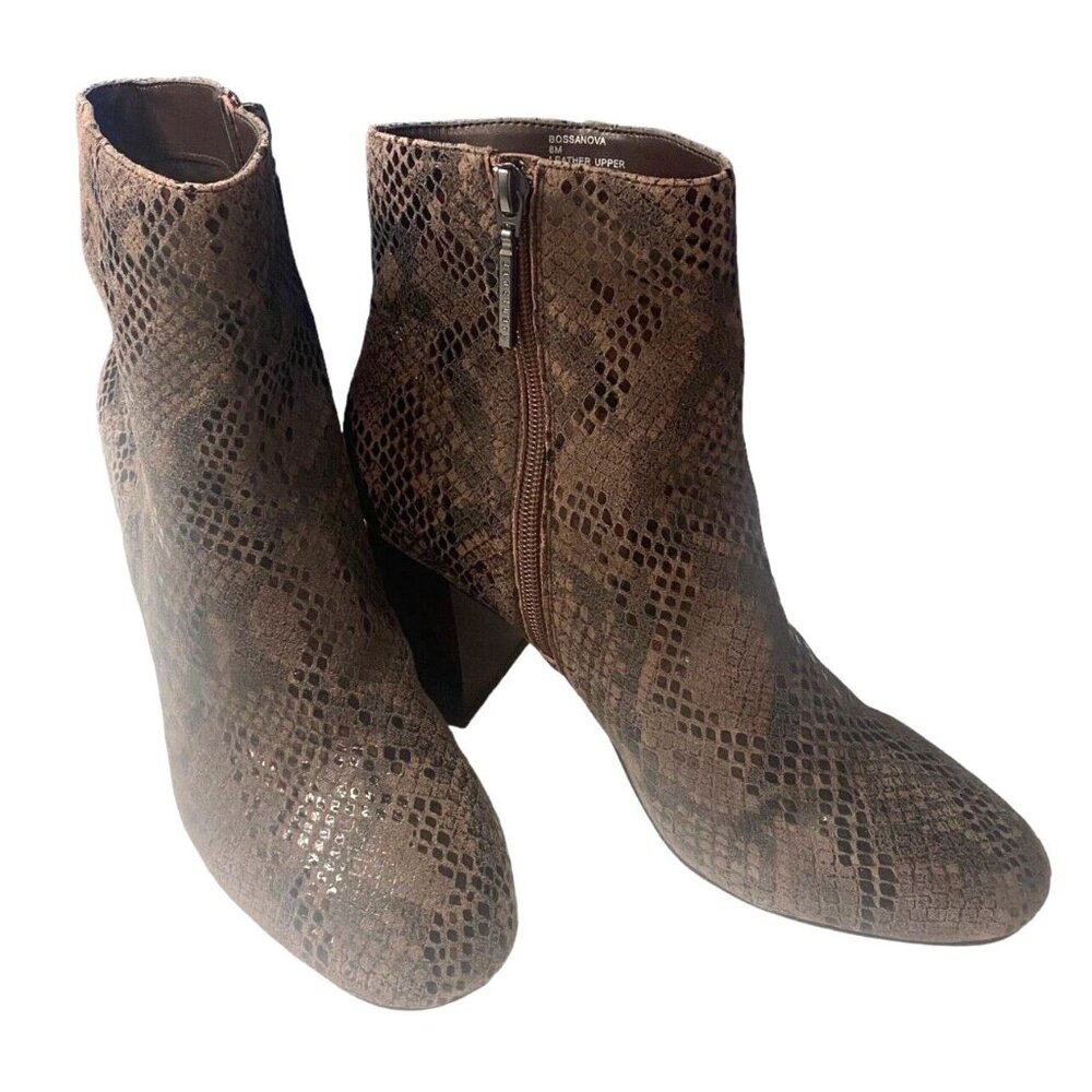 SANCTUARY Women Bossanova Block Heel‎ Leather Snake Bootie Boots Sz 8 Brown S-8